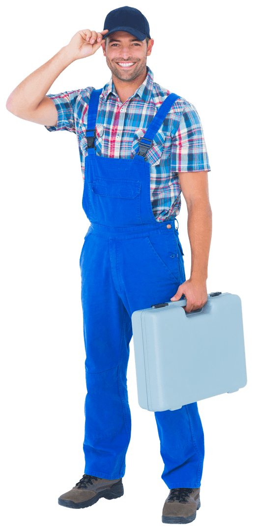 Cheerful Manual Worker in Blue Overalls with Toolbox Transparent