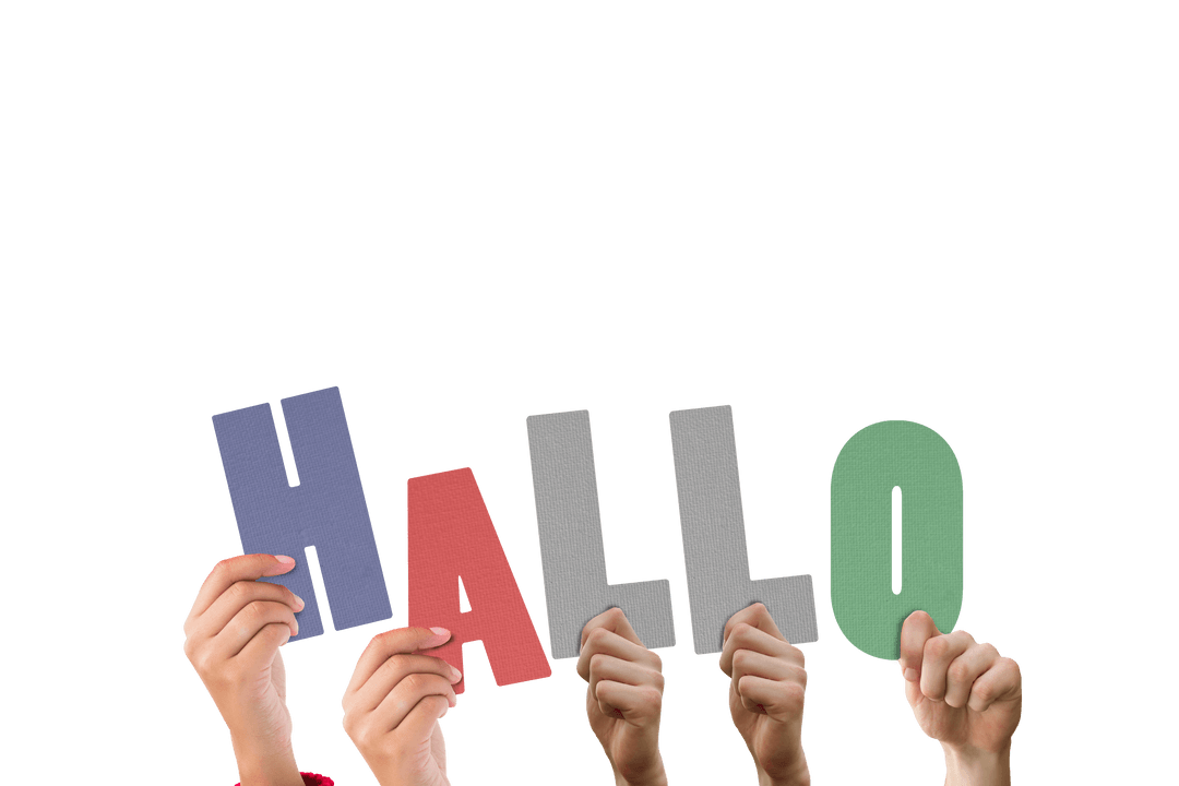 Digital Hands Holding Hallo Text on Transparent Background