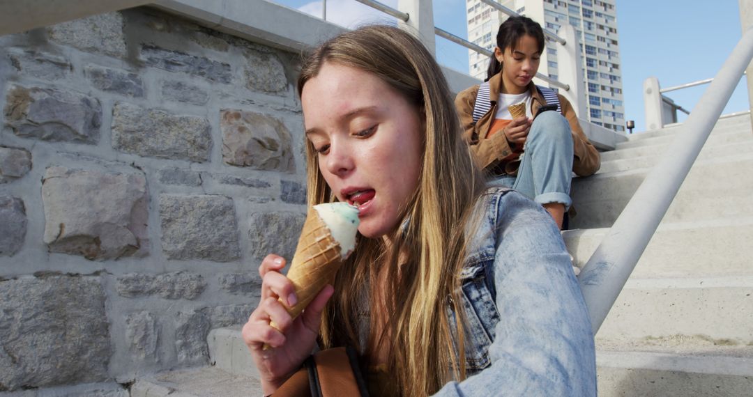 Teenagers Relaxing on Steps Eating Ice Cream on a Sunny Day - Free Images, Stock Photos and Pictures on Pikwizard.com