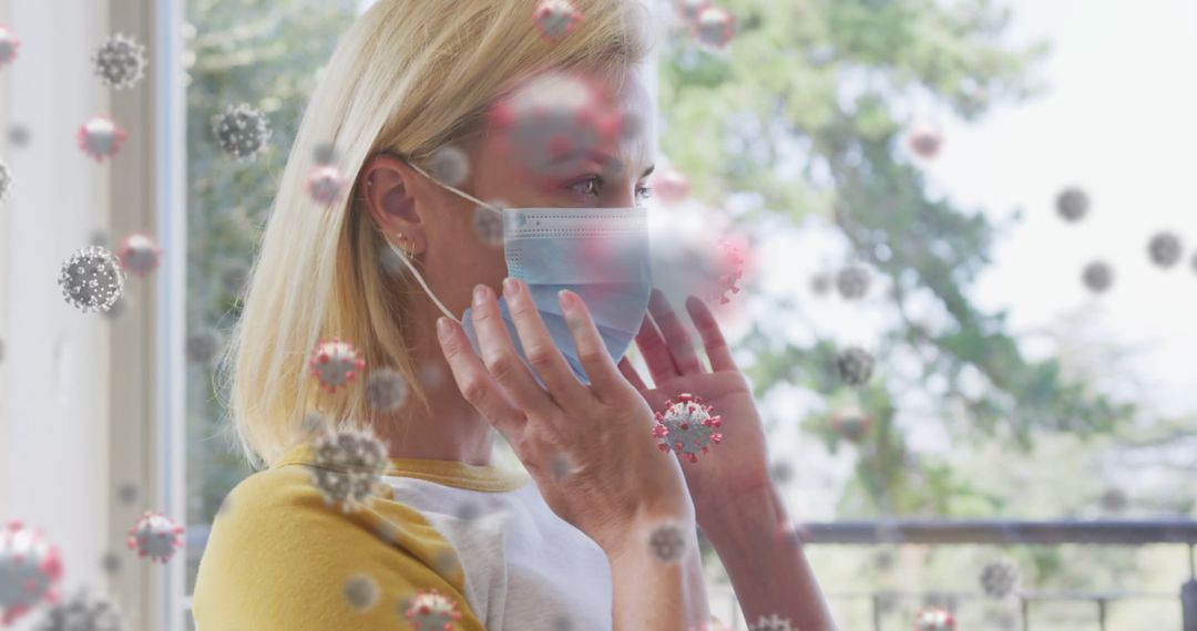 Caucasian Woman Wearing Face Mask with Abstract Virus Visuals