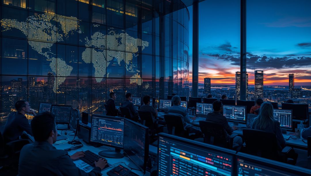 Modern Trading Room with Digital Data Display at Sunset