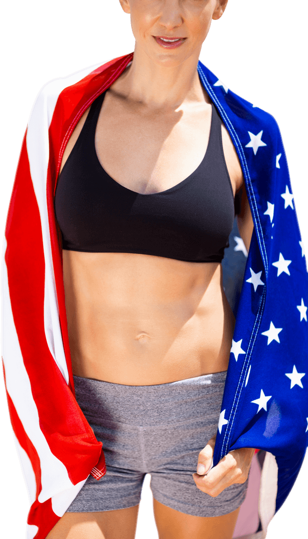 Caucasian Sportswoman with American Flag Drape on Transparent Background