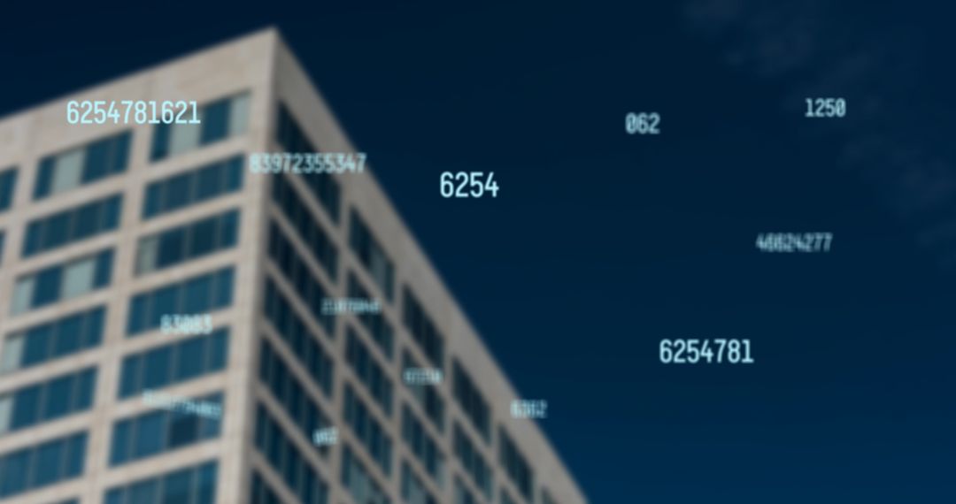 Digital Numbers Overlaying Tall Building Against Blue Sky
