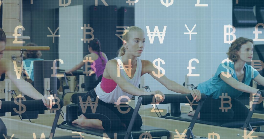 Women Practicing Pilates on Reformer with Currency Symbols Overlay