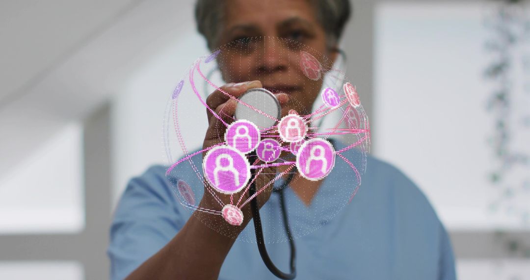 Healthcare Professional Holding Stethoscope with Holographic Privacy Locks and Digital Health Networ