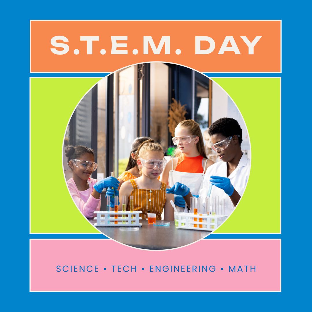 Diverse Kids Celebrating STEM Day with Science Experiment in Lab - Download Free Stock Templates Pikwizard.com