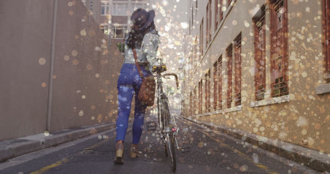 Urban Commuter Biking Through City Streets with Sparkling Overlay Effect