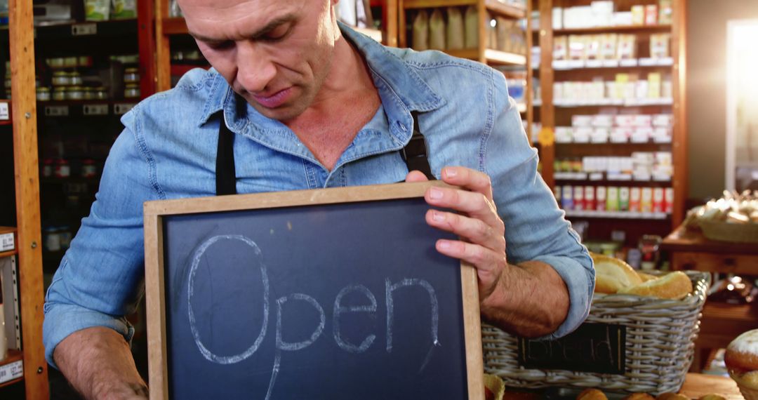 Supermarket Staff Holding Open Sign Chalkboard in Storefront