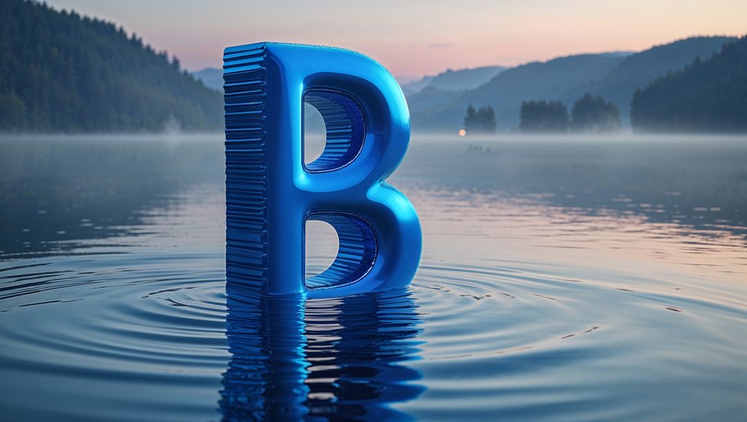 Floating metallic blue letter b creating ripples at misty lake