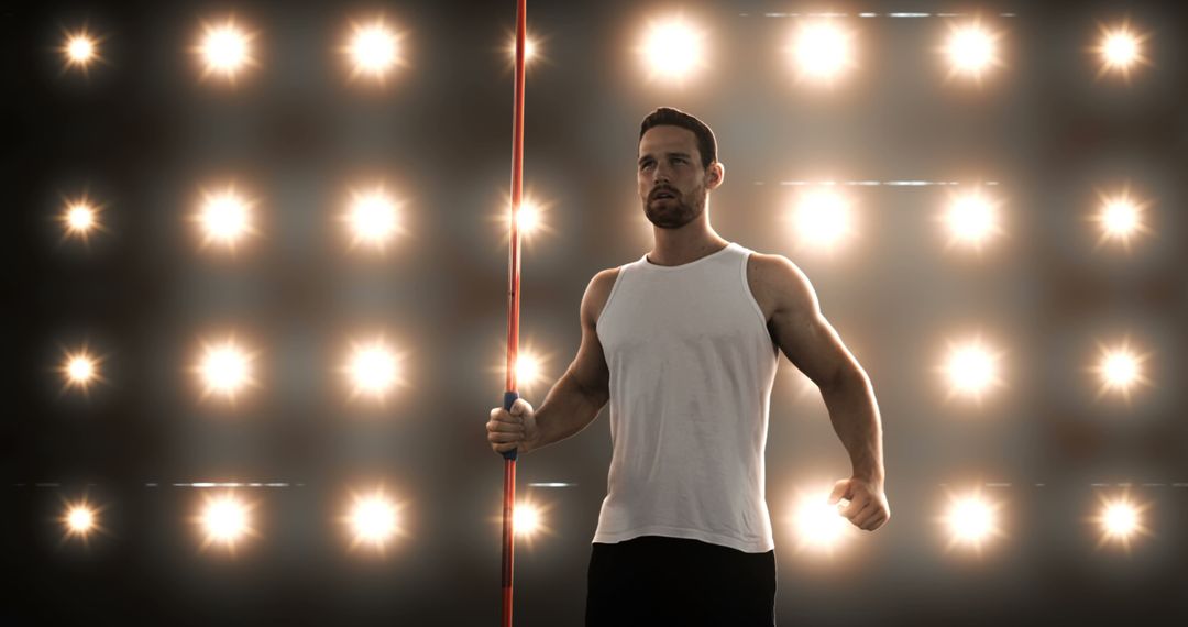 Athletic Man Holding Spear with Stage Lights in Background - Free Images, Stock Photos and Pictures on Pikwizard.com