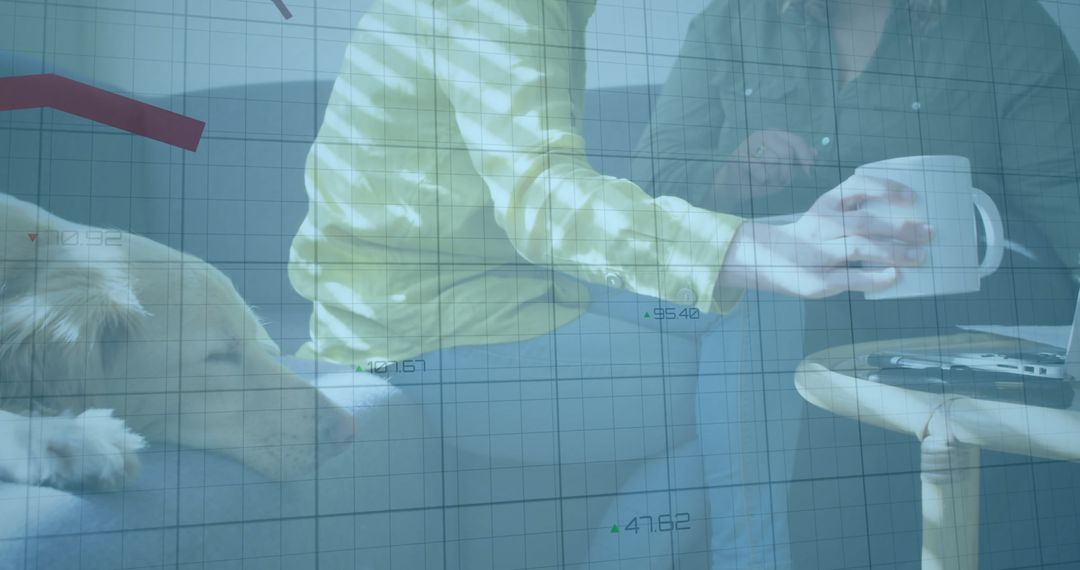 Financial Data Overlay on Colleagues Discussing Work at Home Office