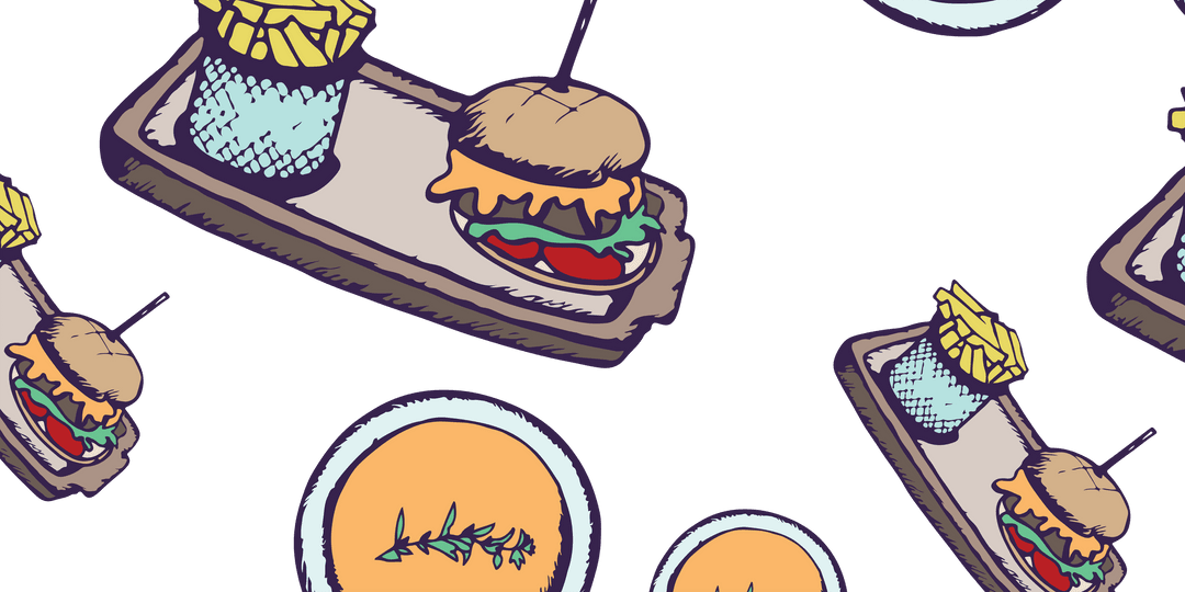 Seamless Vector Illustration of Burgers with Fries on Transparent Background