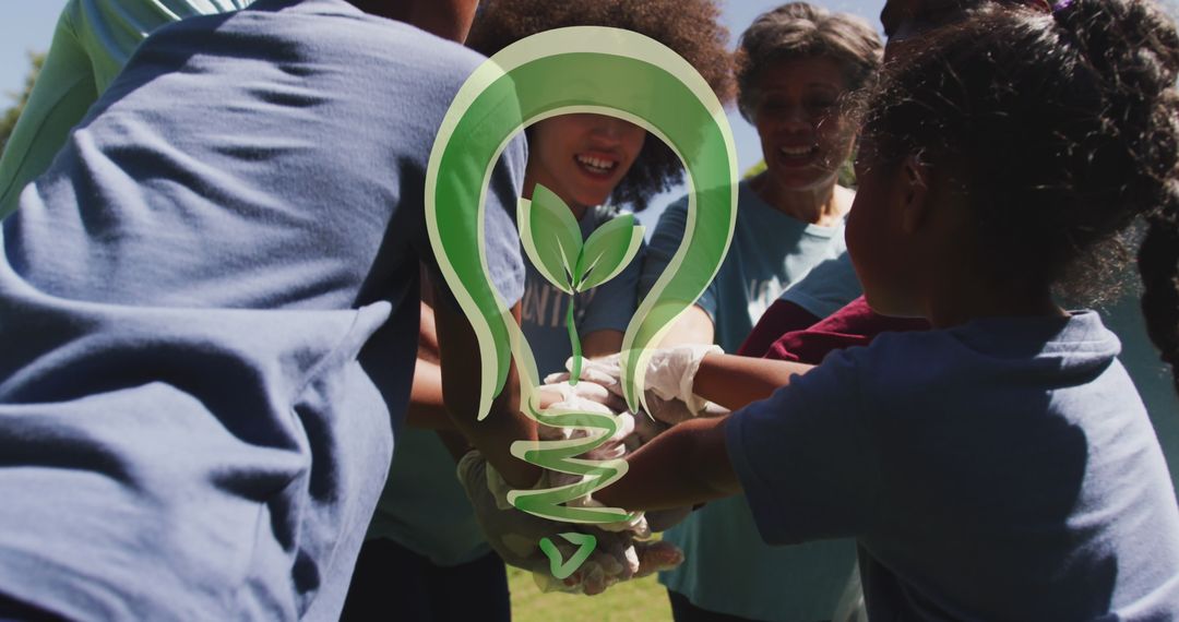 Diverse Group Uniting for Eco Conservation with Green Light Bulb Logo