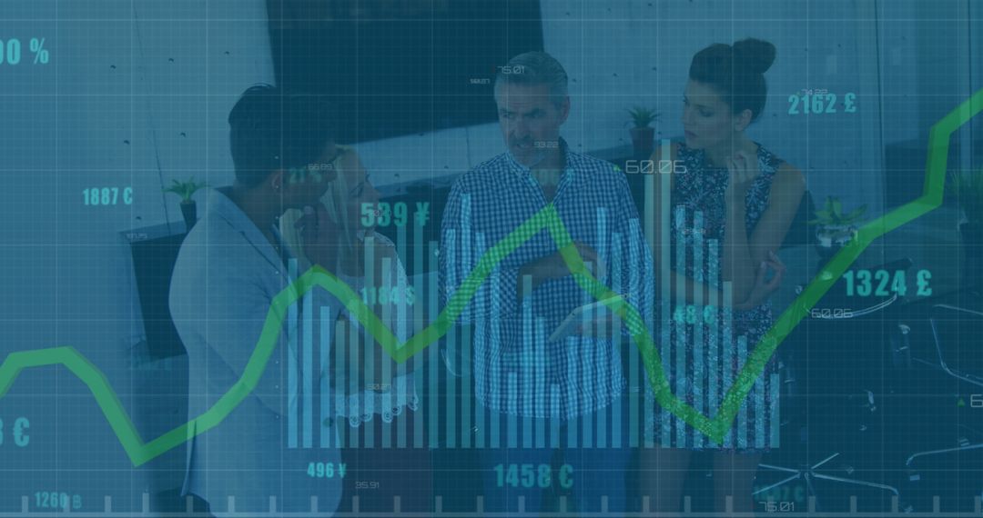 Financial Analysis and Team Discussion Overlaid with Data Graphics