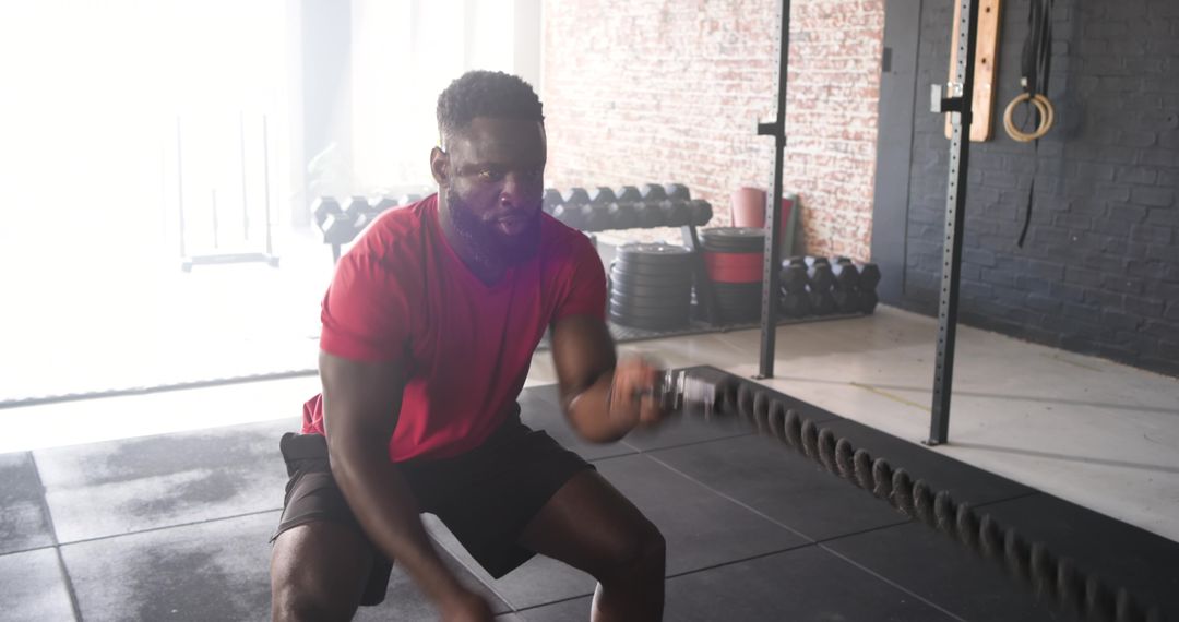Athletic Man Exercising with Battle Ropes in Industrial Gym