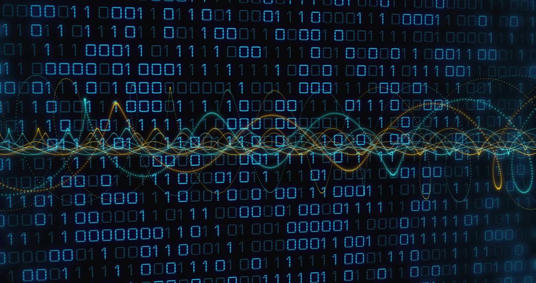 Futuristic Binary Code with Neon Wave Patterns on Digital Display