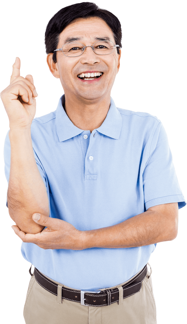 Joyful Elderly Asian Man in Blue Polo Showing Transparent Enthusiasm
