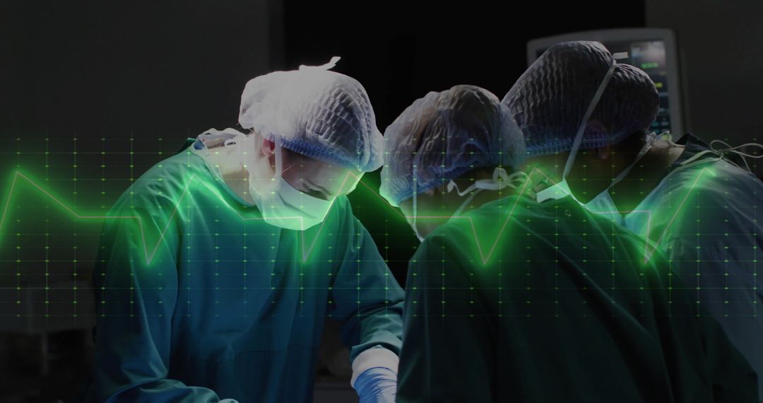 Surgical Team Performing Operation with ECG Overlay in Operating Room