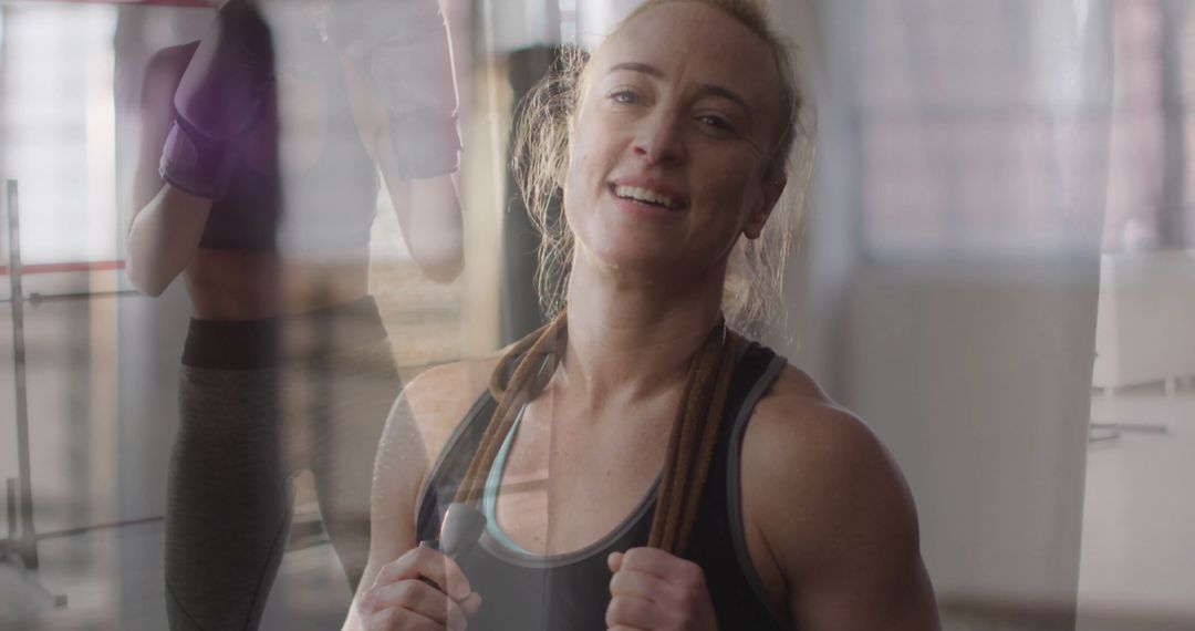 Smiling Athletic Woman with Jump Rope in Gym Reflecting Inner Strength