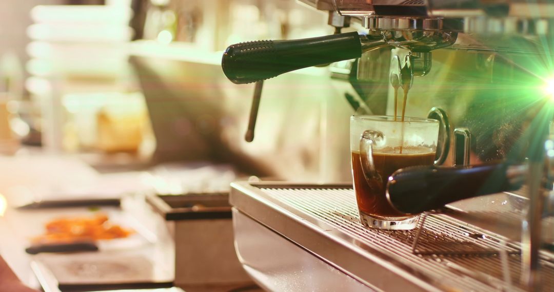 Espresso Machine Brewing Coffee in Café with Cozy Lighting