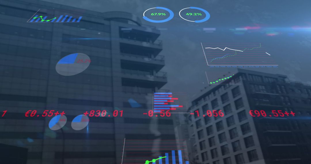 Digital Stock Market Data Overlaid on Modern Urban Skyline