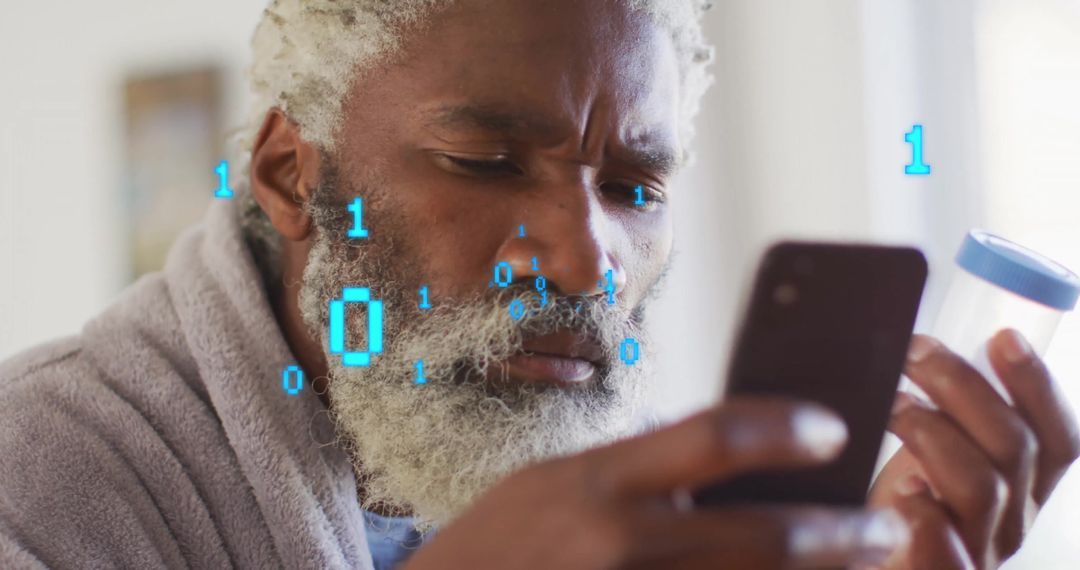 Man in Robe Holding Smartphone and Pill Bottle with Digital Overlay
