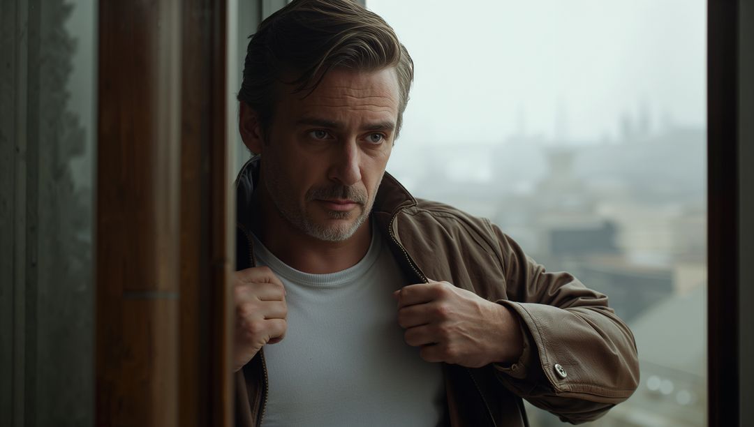 Contemplative middle-aged man adjusting leather jacket by window overlooking city skyline