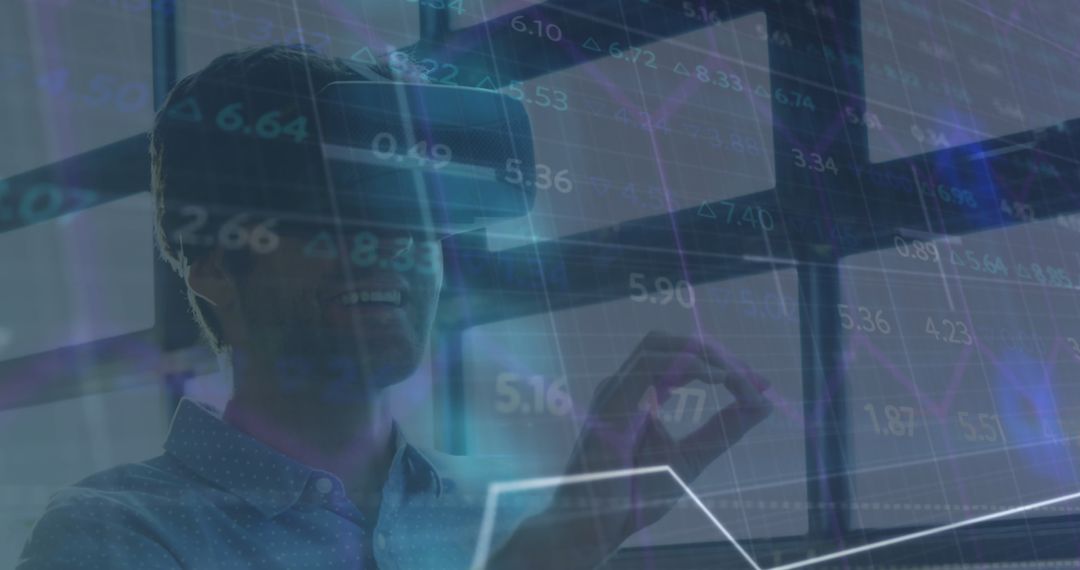 Man Engaging in Virtual Data Processing with VR Headset