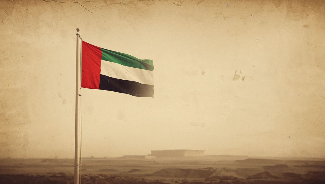 UAE Flag Waving Over Arid Desert Plain with Vintage Sepia Texture and Windblown Pole