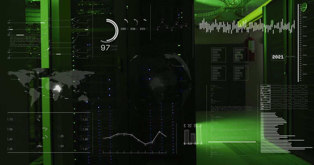 Futuristic Data Center Dashboard Display with Graphs and Charts Inc.