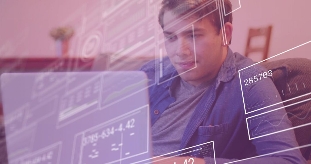 Man Reviewing Code on Laptop with Holographic Elements