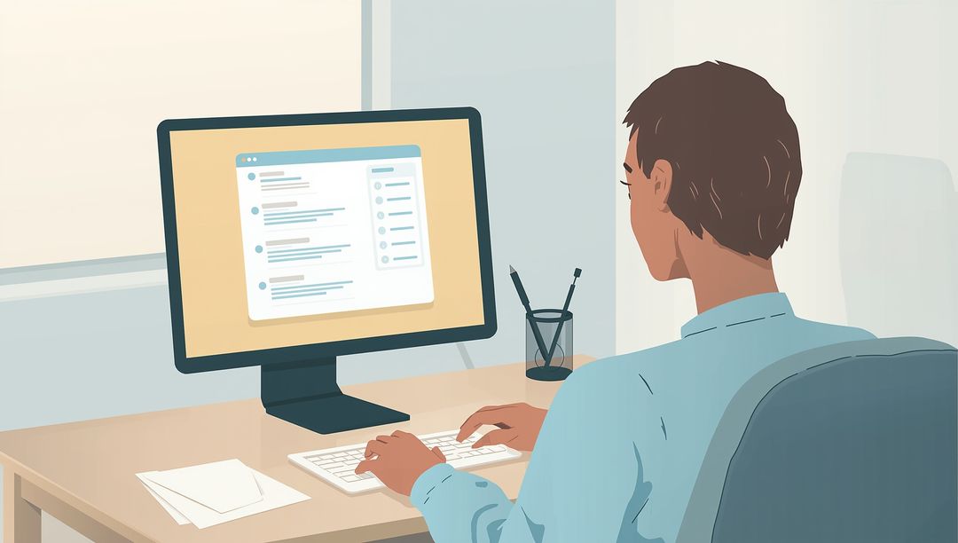 Office Worker Typing on Computer at Minimalist Desk and Communicating