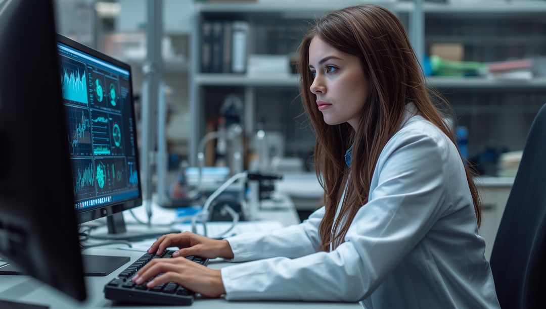 Female Scientist Analyzing Data on Dual Monitors in Modern Laboratory