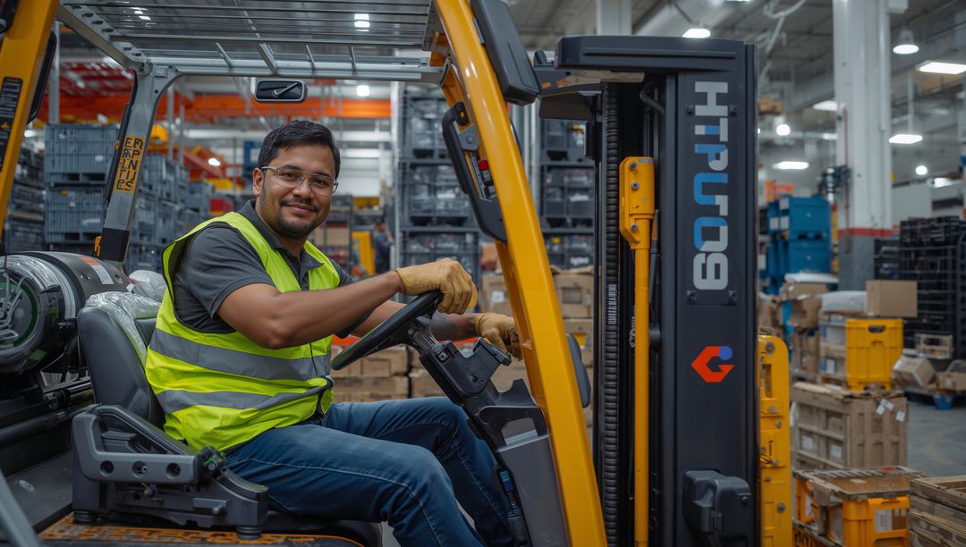Forklift operator smiling while driving forklift through busy warehouse logistics hub