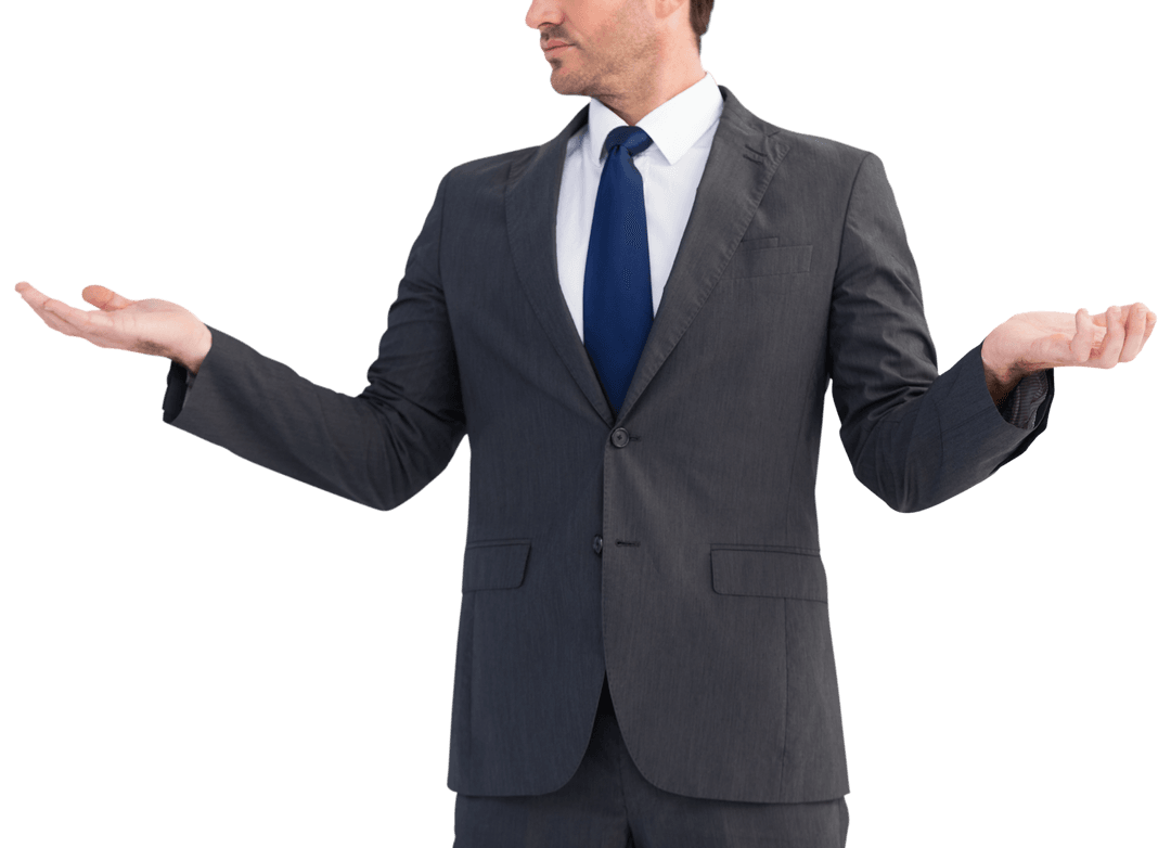 Businessman in Suit with Transparent Background Presenting Openly