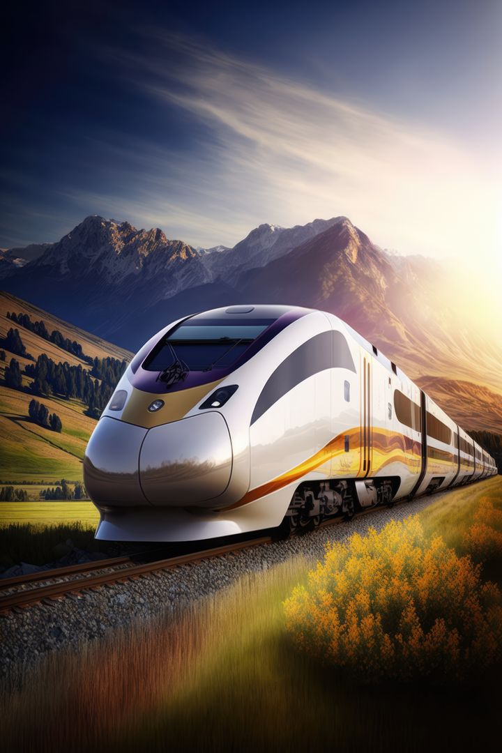 Image of modern train on tracks over mountains and blue sky, created using generative ai technology - Free Images, Stock Photos and Pictures on Pikwizard.com