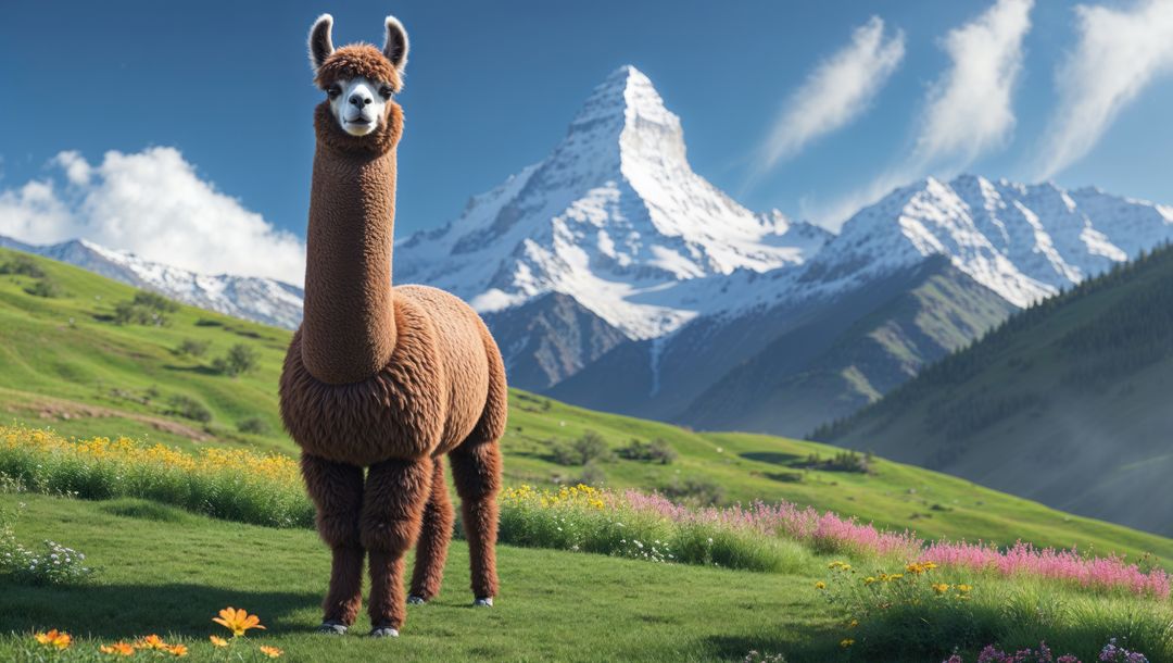 Peaceful brown llama grazing in colorful mountain meadow wonderland