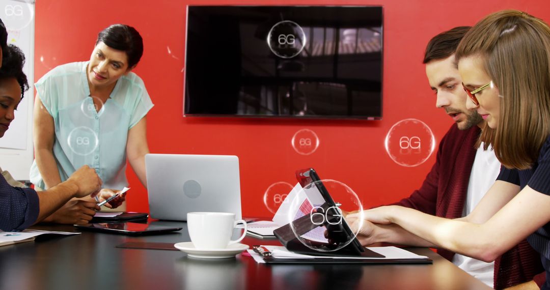 Diverse Business Team Analyzing Reports with Digital 6G Concept