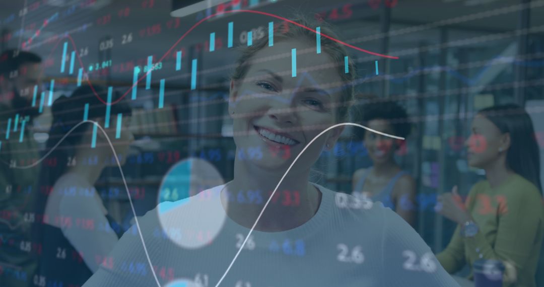 Smiling Businesswoman Analyzing Global Financial Data Trends