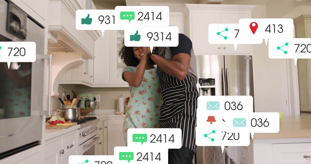 Hugging Couple Cooking in Kitchen with Social Media Icons Floating Playfully