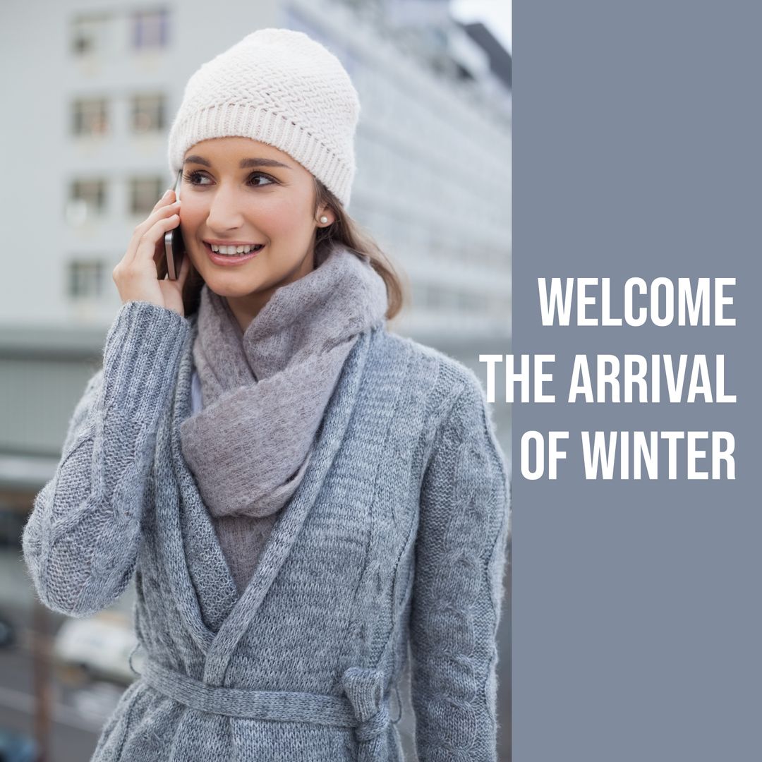 Smiling Woman in Winter Attire Speaking on Phone Outdoors