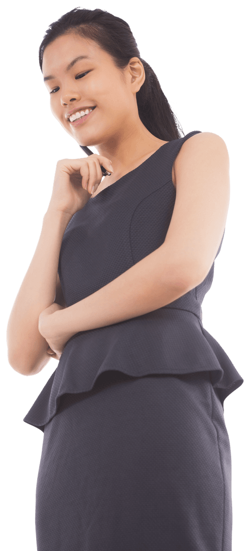 Smiling Businesswoman Pondering Decision on Transparent Background