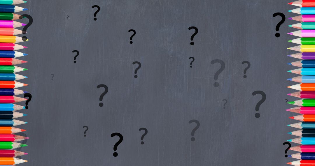 Colorful Pencils with Floating Question Marks on Chalkboard