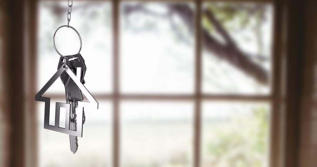 House-shaped Keychain with Keys in Front of Blurred Window