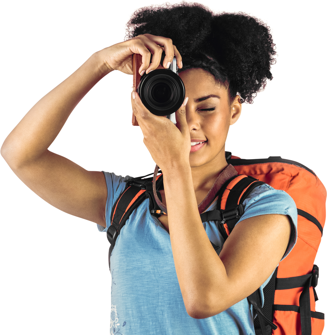 Transparent Young Woman with Backpack Taking Picture White Background - Download Free Stock Images Pikwizard.com