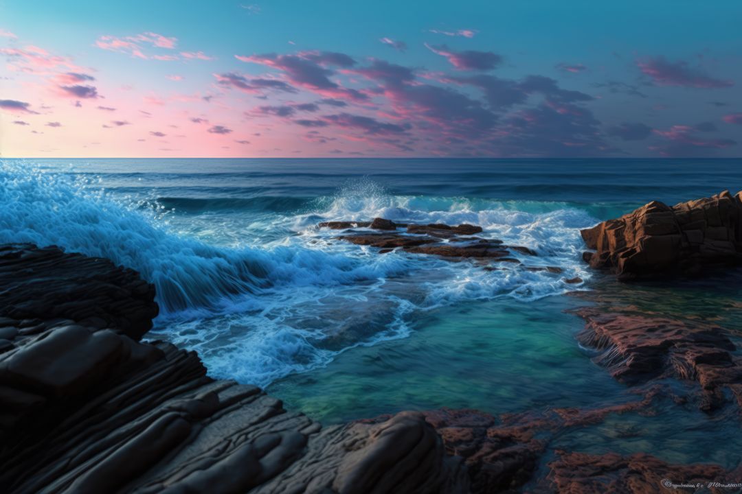 Scenic View of Waves Crashing on Rocky Coast at Sunset - Free Images, Stock Photos and Pictures on Pikwizard.com