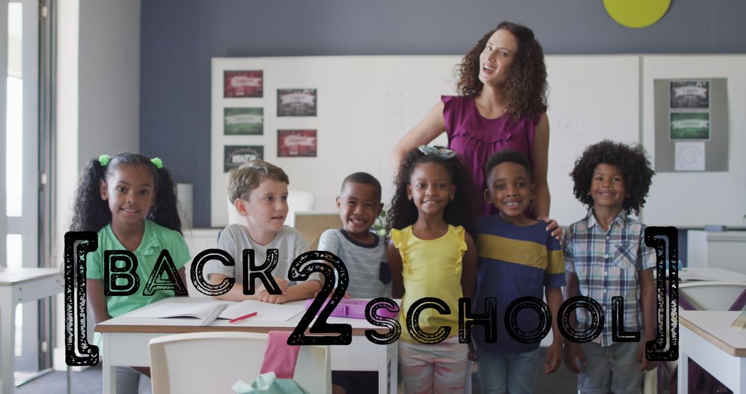 Diverse Group of Happy Schoolchildren with Teacher in Classroom