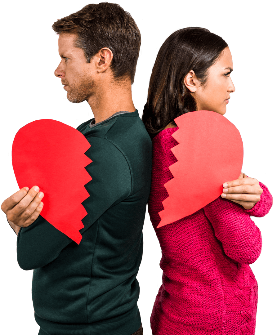 Transparent couple back to back holding broken hearts