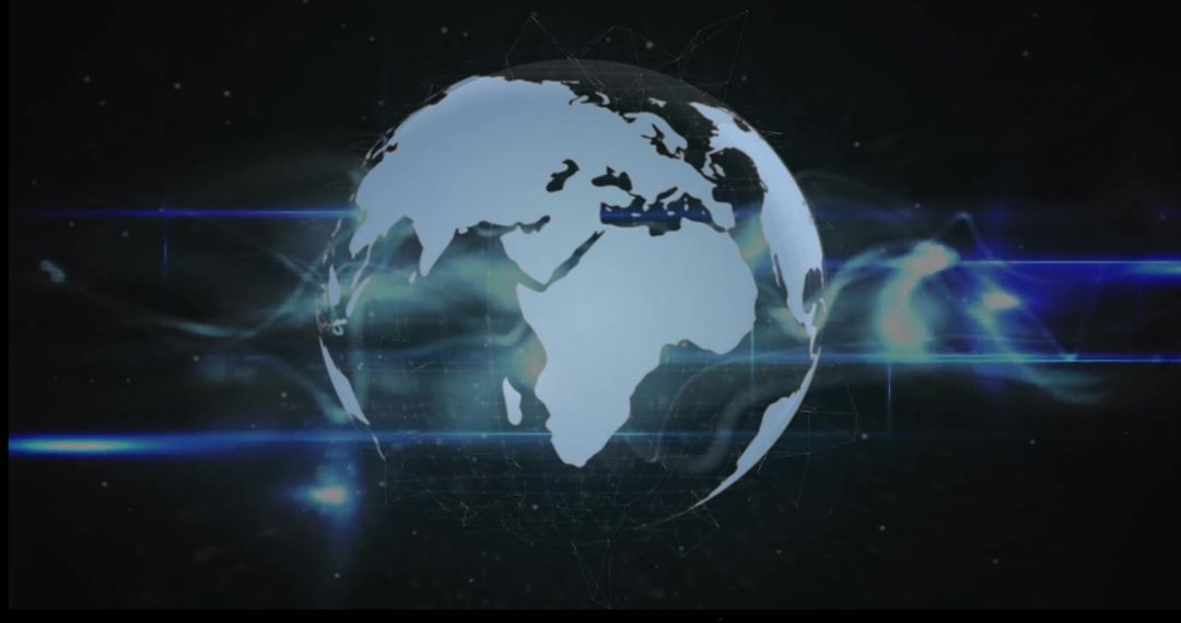 Futuristic Digital Globe with Light Trails on Black Background
