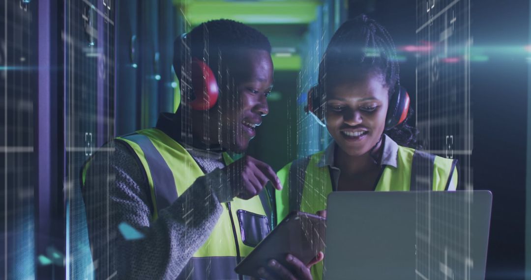 Tech Professionals Collaborating in Server Room with Digital Overlay